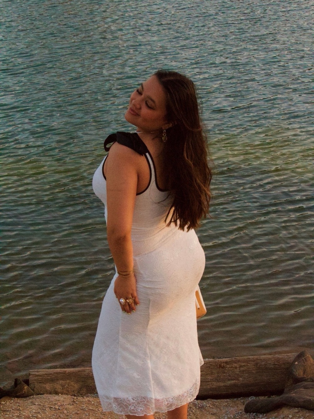 White Lace Midi Dress with Black Strap Detail